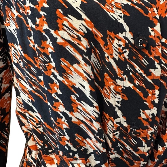 Tyler Boe Elegant Silk Navy Blue and Orange Patterned Long Sleeve Dress - Picture 5 of 16